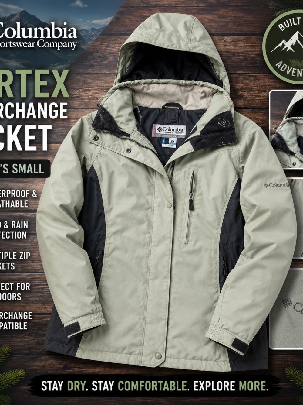 Columbia Vertex Interchange Women's Small Hood Waterproof Jacket Green Gray Coat
